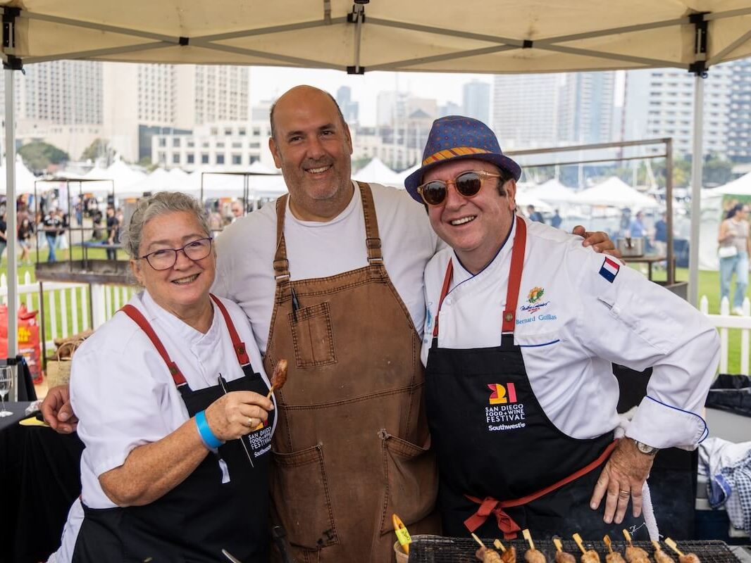 Chefs Suzette Gresham, Aron Schwartz, and Bernard Guillas at the San Diego Food + Wine Festival Grand Tasting