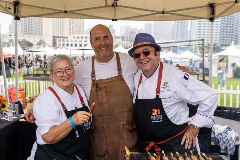 Chefs Suzette Gresham, Aron Schwartz, and Bernard Guillas at the San Diego Food + Wine Festival Grand Tasting